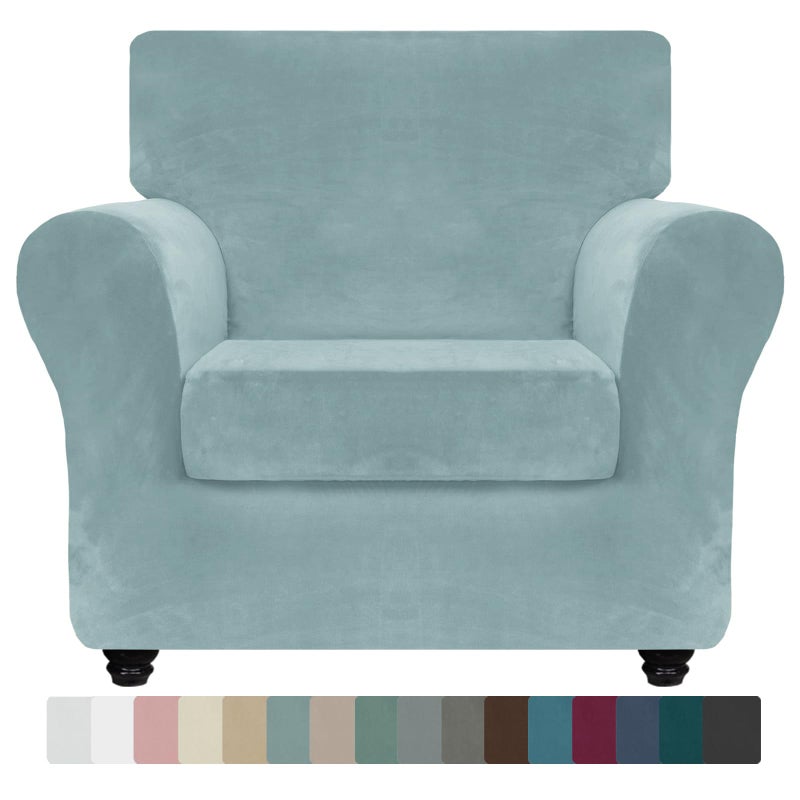 ZNSAYOTX Luxury Velvet Chair Slipcovers with Arms 2 Piece Stretch Chair Covers for Living Room Thick Soft Armchair Slipcover Anti Slip Pet Friendly Furniture Protector (Stone Blue),30"-47"(1 Cushion) - Image 1